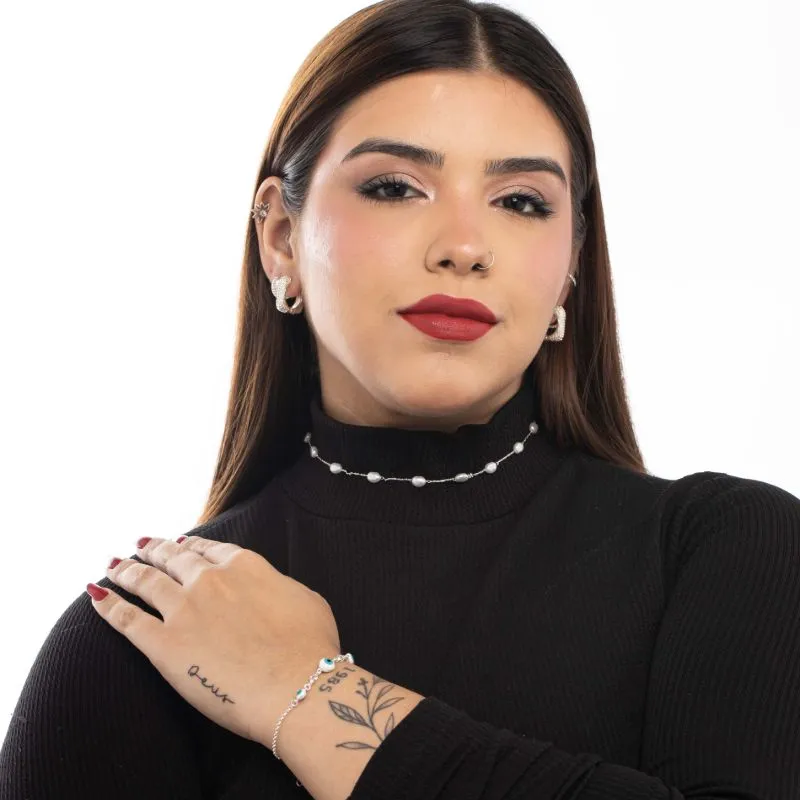 CHOKER CORRENTE CARTHIR FINO COM SEQUENCIA DE PÉROLAS DE AGUA DOCE - BANHADO A PRATA 925