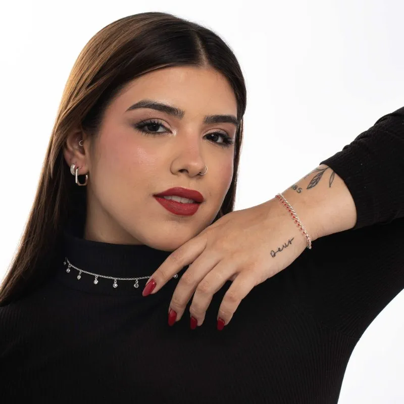 CHOKER CORRENTE ELO PORTUGUES FINO  COM PONTO DE LUZ COM BORDA E ZIRCONIA CRISTAL E EXTENSOR   - BANHADO A PRATA 925