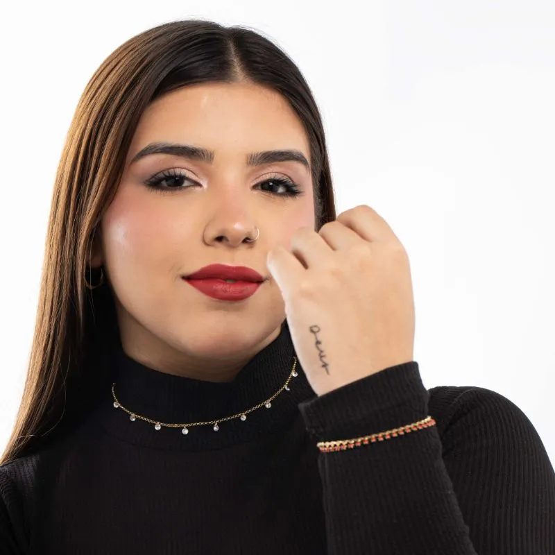 CHOKER CORRENTE ELO PORTUGUES FINO  COM PONTO DE LUZ ZIRCONIA CRISTAL E EXTENSOR   - BANHADO A OURO 18K