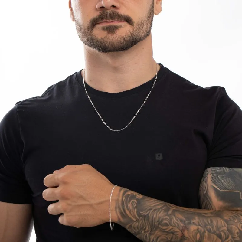 CORRENTE MASCULINA EXTRA FINA 3X1 ELO LARGO E PEQUENO COM FECHO GAVETA  0.80MM - BANHADO A PRATA 925