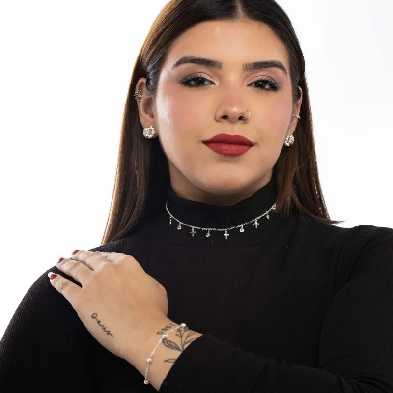 PULSEIRA CARTHIE COM 5 BOLAS LISA E EXTENSOR - BANHADO A PRATA 925