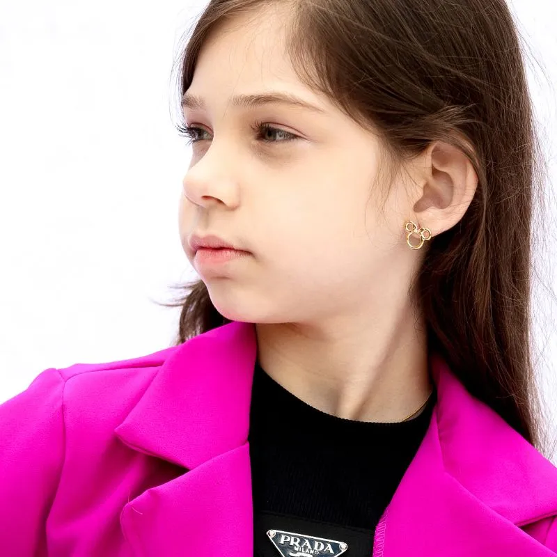 CONJUNTO INFANTIL MINNIE COM LAÇO E PONTO DE LUZ CRISTAL COM EXTENSOR- BANHADO A OURO 18K