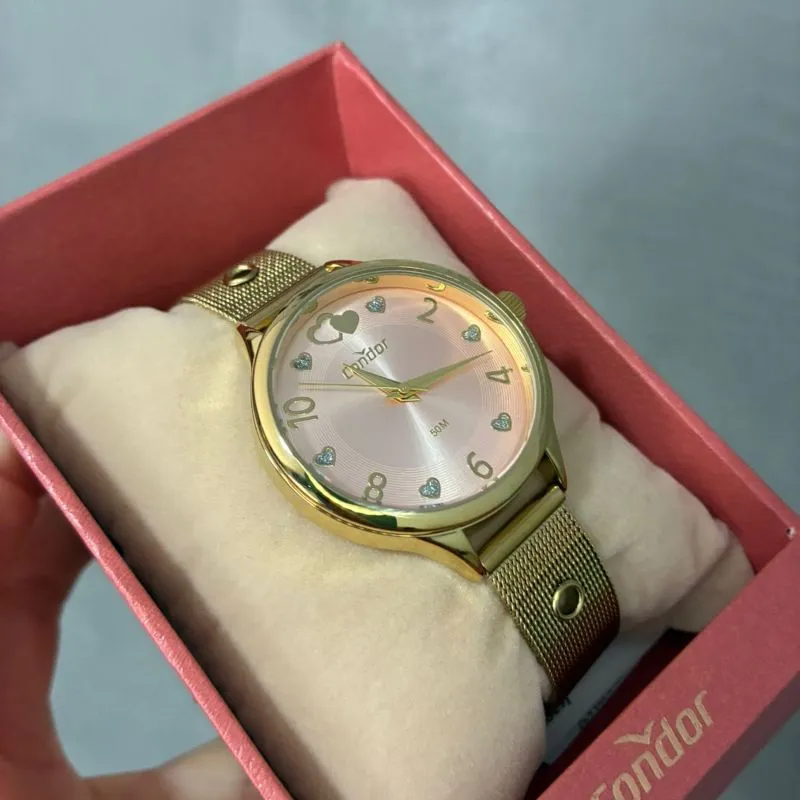 RELÓGIO CONDOR FEMININO DOURADO REDONDO COM FUNDO ROSÉ PULSEIRA EM AÇO ESTEIRA   - COR DOURADO