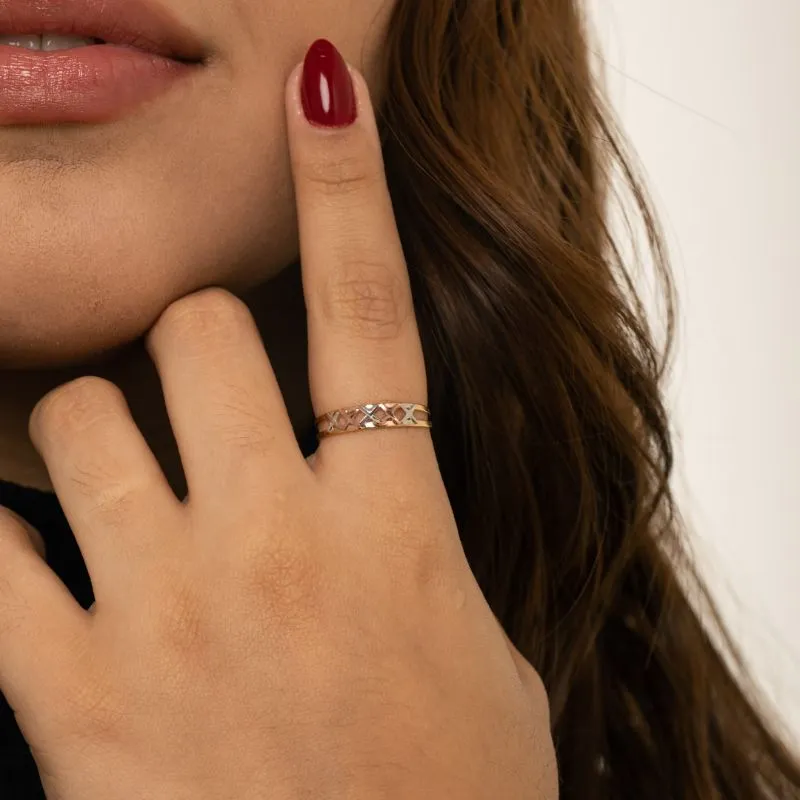 ANEL ARO DUPLO COM 5 X LISO 3 TONS ROSÉ, PRATA E OURO  Nº21 - BANHADO A OURO 18K