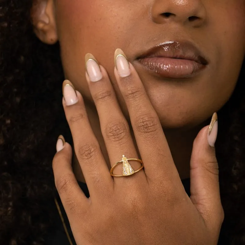 ANEL ARO DUPLO NOSSA SENHORA DE APARECIDA COM MICRO ZIRCÔNIA CRISTAL  Nº16 - BANHADO A OURO 18K