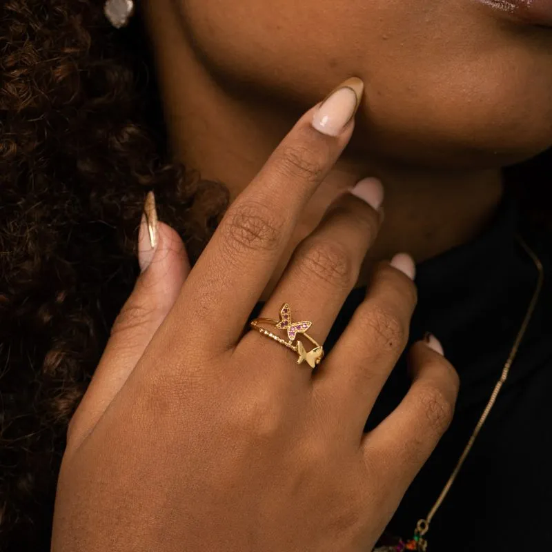 ANEL ARO DUPLO PONTILHADO COM BORBOLETA LISA E BORBOLETA CRAVEJADA COM MICRO ZIRCÔNIA PINK  Nº19 - BANHADO A OURO 18K