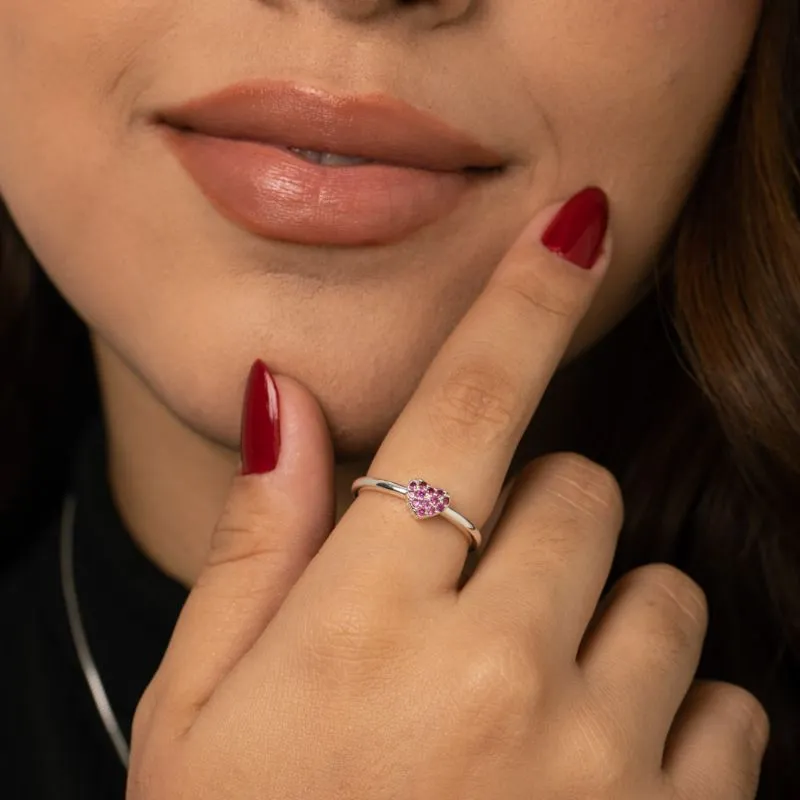 ANEL ARO LISO LARGO COM CORAÇÃO EM MICRO ZIRCÔNIA PINK Nº19- BANHADO A PRATA 925