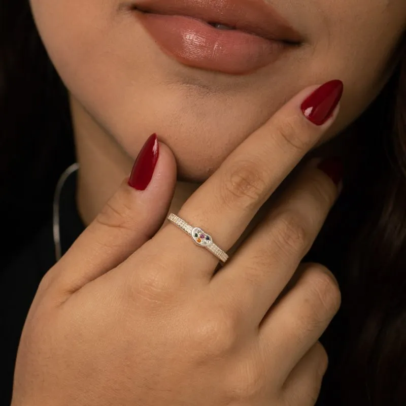 ANEL ARO TRIPLO PONTILHADO COM CORAÇÃO CRAVEJADO EM MICRO ZIRCÔNIA COLORIDA Nº21- BANHADO A PRATA 925