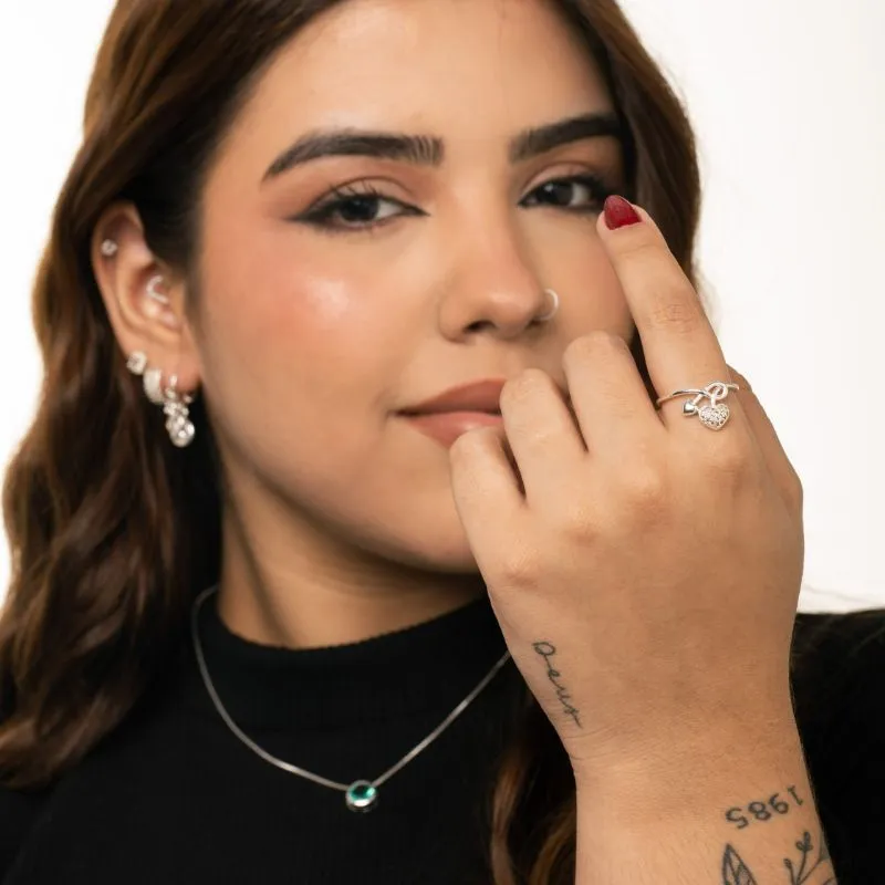 ANEL COM 2 CORAÇÕES LISO E CRAVEJADO EM MICRO ZIRCÔNIA CRISTAL AMARRADOS Nº23- BANHADO A PRATA 925