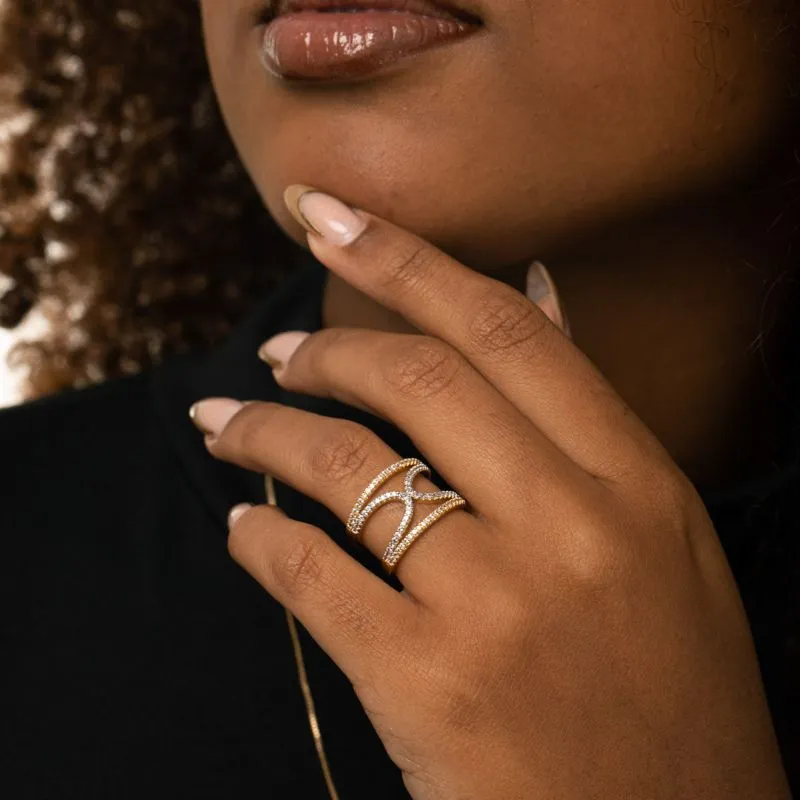 ANEL EM X LARGO COM MICRO ZIRCÔNIA CRISTAL Nº14 - BANHADO A OURO 18K