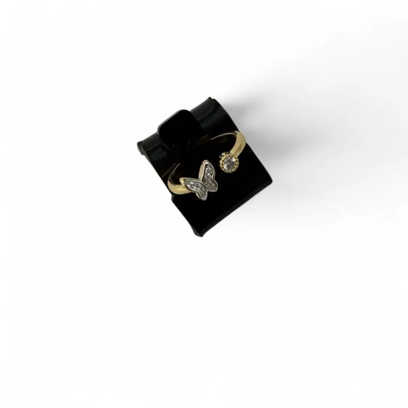 ANEL REGULAVEL BORBOLETA CRAVEJADO + ARO COM LISO COM PONTO DE LUZ- BANHADO A OURO 18K