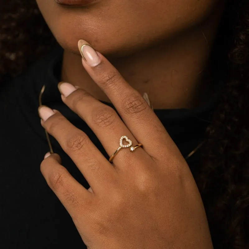 ANEL REGULÁVEL CORAÇÃO DUPLO COM MICRO ZIRCÔNIA CRISTAL- BANHADO A OURO 18K