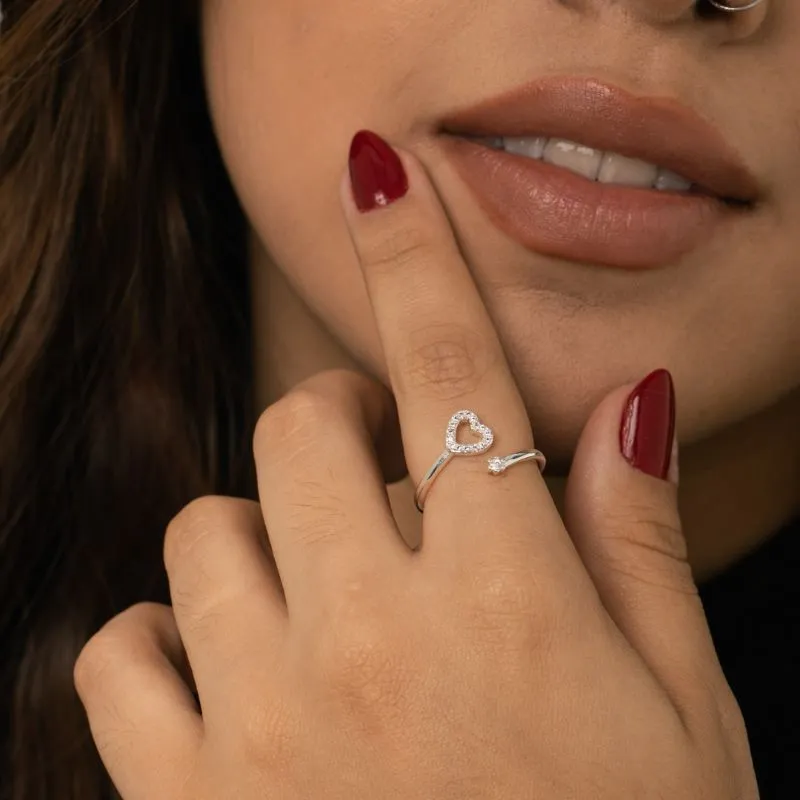 ANEL REGULÁVEL CORAÇÃO DUPLO COM MICRO ZIRCÔNIA CRISTAL- BANHADO A PRATA 925