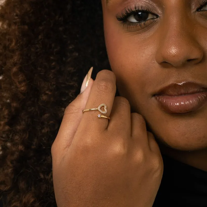 ANEL REGULÁVEL CORAÇÃO DUPLO COM MICRO ZIRCÔNIA LAVANDA- BANHADO A OURO 18K