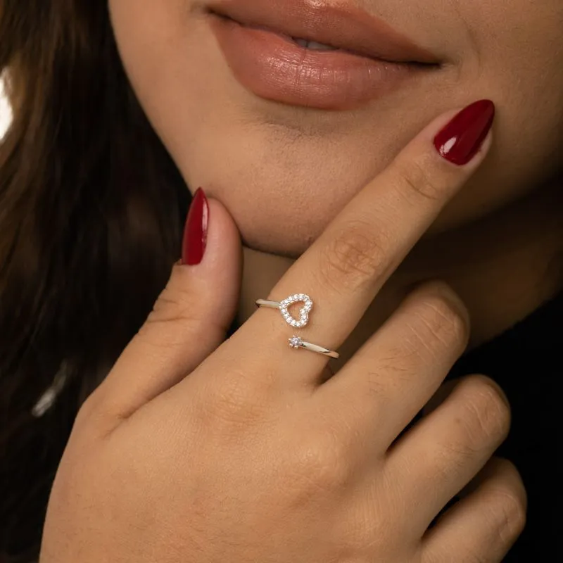 ANEL REGULÁVEL CORAÇÃO DUPLO COM MICRO ZIRCÔNIA LAVANDA- BANHADO A PRATA 925