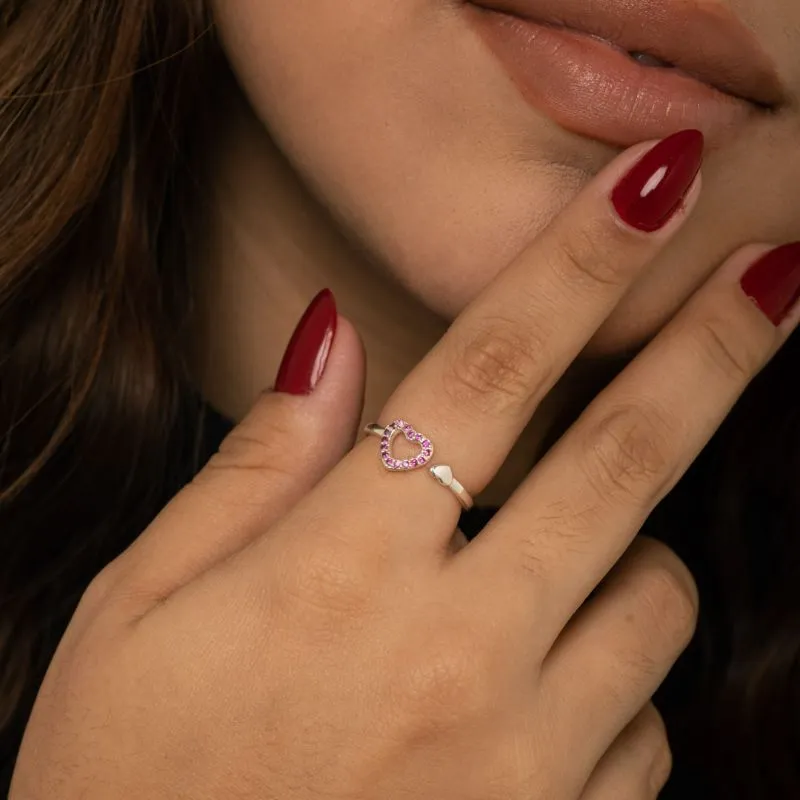 ANEL REGULÁVEL CORAÇÃO DUPLO COM MICRO ZIRCÔNIA PINK- BANHADO A PRATA 925