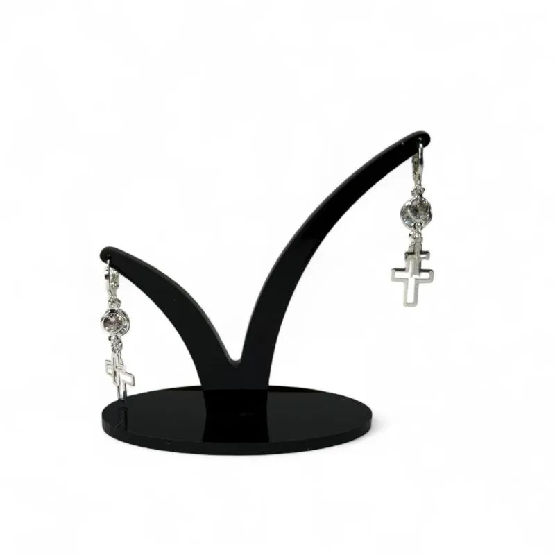 BRINCO ARGOLA DE CLICK COM PENDURICALHO DUPLO CRUZ E PONTO DE LUZ CRISTAL- BANHADO A PRATA 925