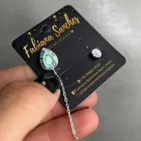 BRINCO DUPLO COM PIERCING FAKE GOTA VERDE FUSION E ZIRCONIA COLORSPONTO DE LUZ GRANDE - PRATA 925