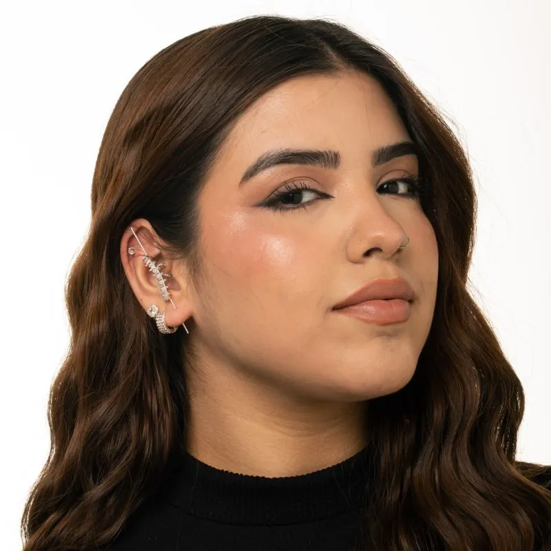 BRINCO TRANSVERSAL ZIRCONIA NAVETE CRISTAL  - BANHADO A RÓDIO BRANCO