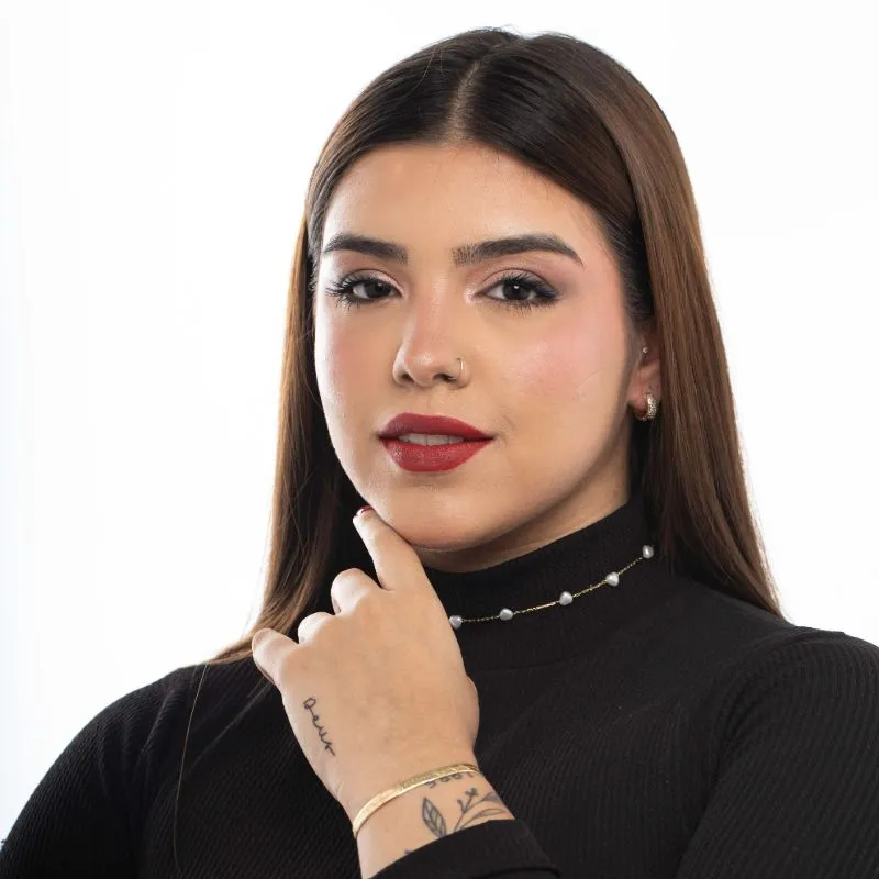 CHOKER CORRENTE CARTHIR FINO COM SEQUENCIA DE PÉROLAS CORAÇÃO COM EXTENSOR  - BANHADO A OURO 18K