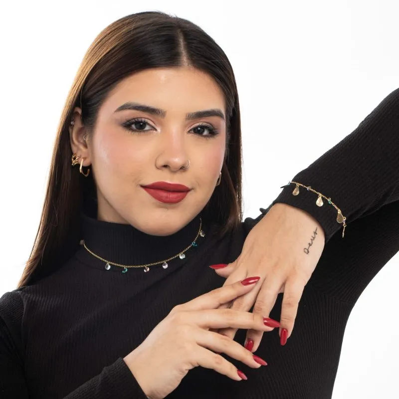 CHOKER CORRENTE ELO PORTUGUES FINO  COM PONTO DE LUZ ZIRCONIA COLORIDA E EXTENSOR   - BANHADO A OURO 18K