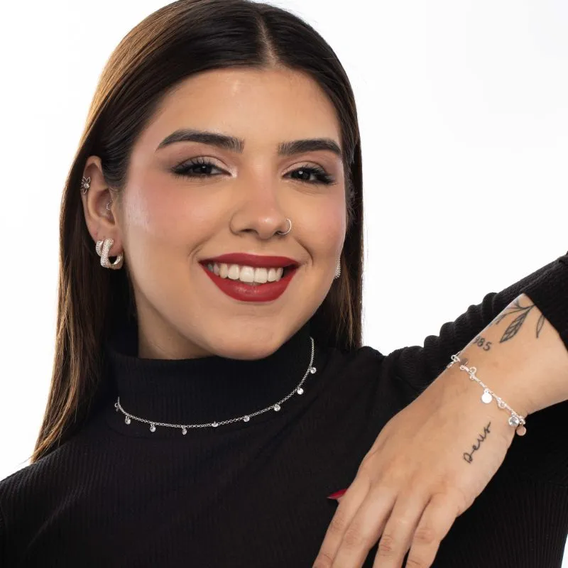 CHOKER CORRENTE ELO PORTUGUES FINO  COM PONTO DE LUZ ZIRCONIA CRISTAL E EXTENSOR   - BANHADO A PRATA 925