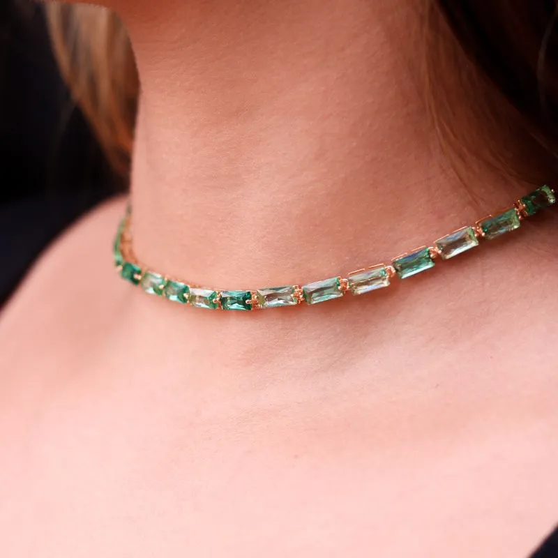CHOKER TURMALINA VERDE RETANGULAR CRAVEJADO - BANHADO A OURO 18K