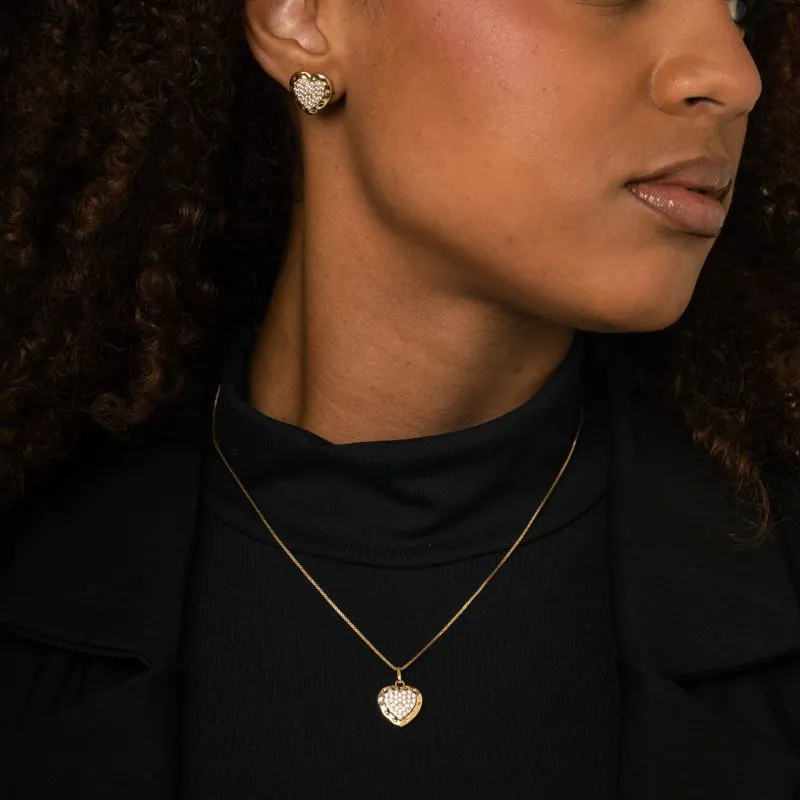 CONJUNTO CORRENTE VENEZIANA  CORAÇÃO COM BORDA TRABALHADA E MICRO ZIRCÔNIA CRISTAL- BANHADO A OURO 18K