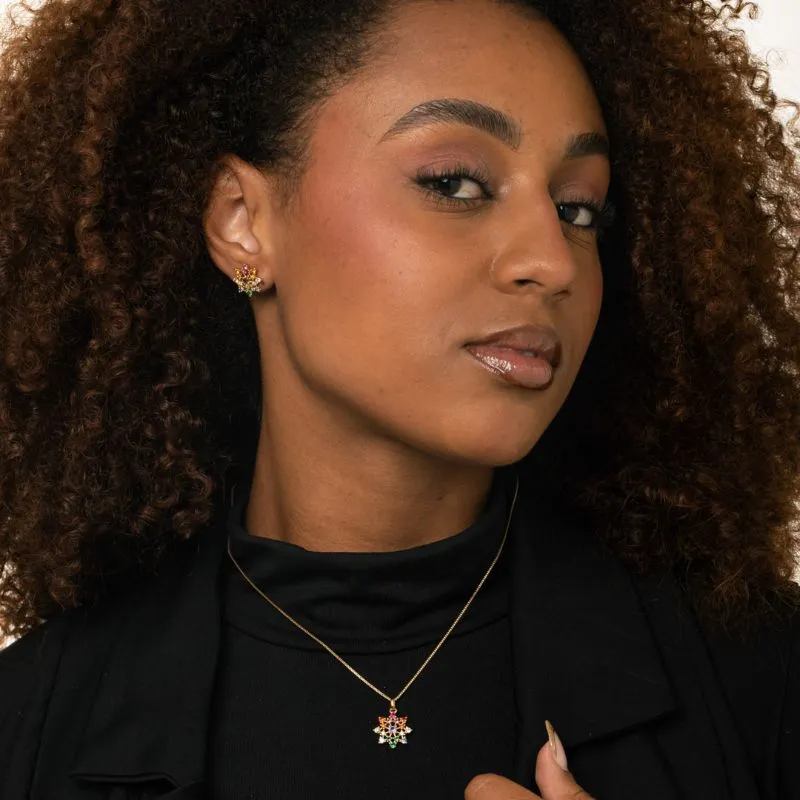 CONJUNTO CORRENTE VENEZIANA FLOR GRANDE  COM ZIRCÔNIA COLORIDA - BANHADO A OURO 18K