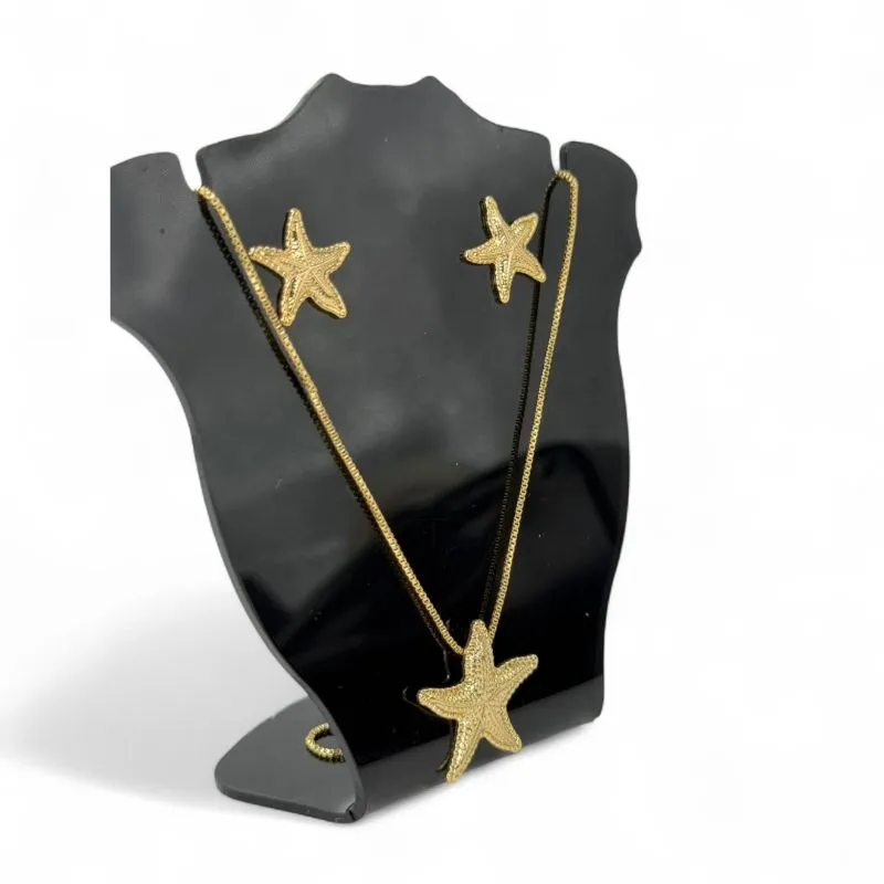 CONJUNTO CORRENTE VENEZIANA + BRINCO ESTRELA DO MAR LISO- BANHADO A OURO 18K