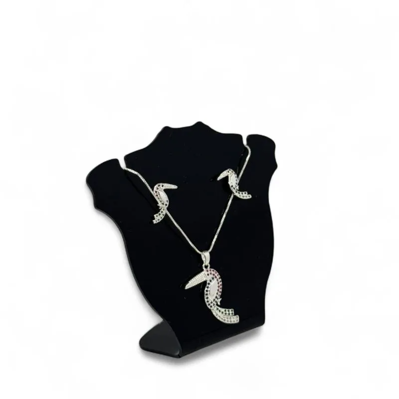 CONJUNTO CORRENTE VENEZIANA COM TUCANO ZIRCONIA COLORIDA- BANHADO A PRATA 925