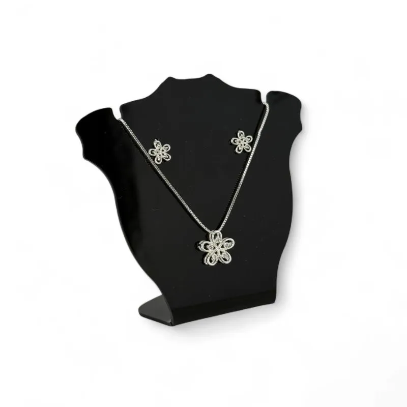 CONJUNTO CORRENTE VENEZIANA COM FLOR 5 PETALAS CRAVEJADA EM MICRO ZIRCONIA CRISTAL E EXTENSOR - BANHADO A PRATA 925