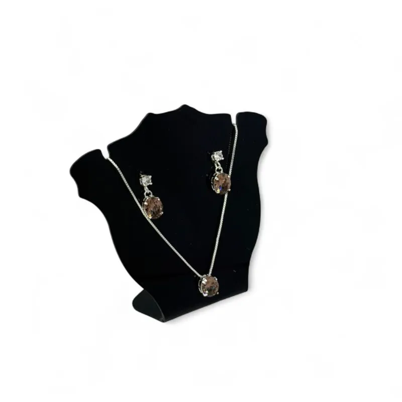 CONJUNTO CORRENTE VENEZIANA E BRINCO COM PENDURICALHO COM PEDRA OVAL MARROM E PONTO DE LUZ CRISTAL - BANHADO A PRATA 925