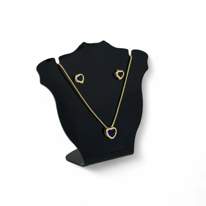 CONJUNTO CORRENTE VENEZIANA COM PINGENTE CORAÇÃO AZUL COM BORDA  - BANHADO A OURO 18K