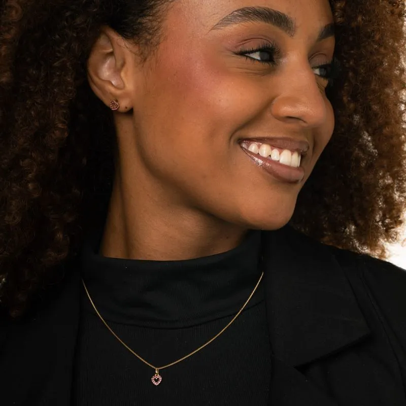 CONJUNTO CORRENTE VENEZIANA CORAÇÃ PEQUENO VAZADO COM MICRO ZIRCÔNIA PINK - BANHADO A OURO 18K