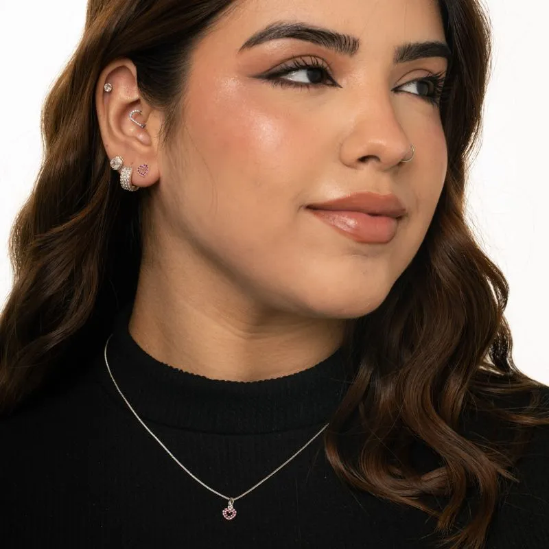 CONJUNTO CORRENTE VENEZIANA CORAÇÃO PEQUENO VAZADO COM MICRO ZIRCÔNIA PINK - BANHADO A PRATA 925