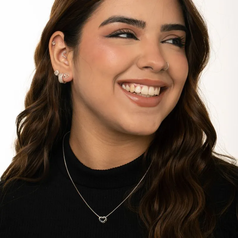 CONJUNTO CORRENTE VENEZIANA CORAÇÃO VAZADO COM PONTO DE LUZ ZIRCÔNIA AZUL- BANHADO A PRATA 925