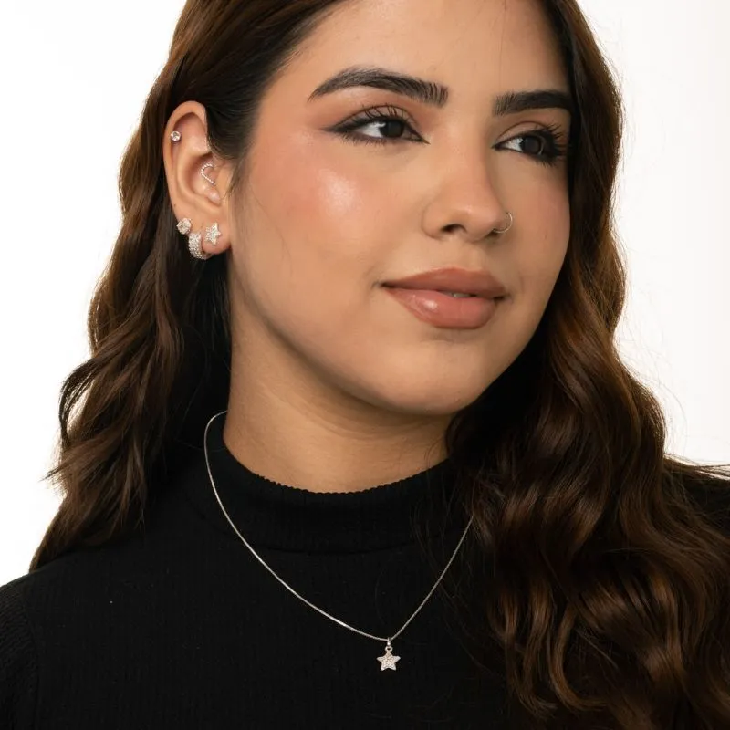 CONJUNTO CORRENTE VENEZIANA ESTRELA COM ZIRCÔNIA CRISTAL CRAVEJADA- BANHADO A PRATA 925