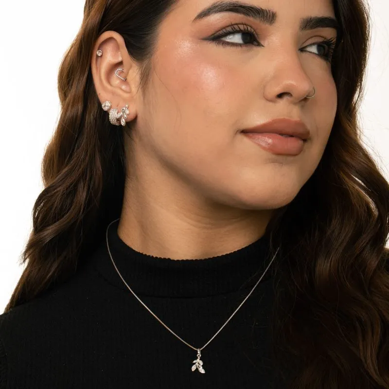 CONJUNTO CORRENTE VENEZIANA FOLHA COM ZIRCÔNIA CRISTAL- BANHADO A PRATA 925