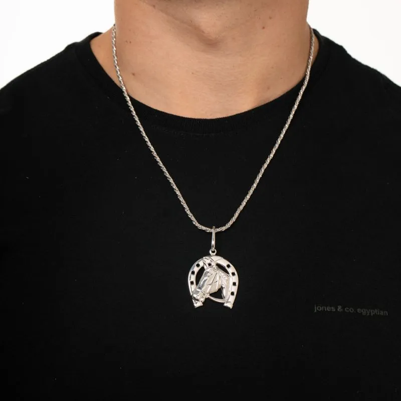 CORRENTE CORDÃO BAIANO CAVALO E FERRADURA GRANDE  - BANHADO A RÓDIO BRANCO