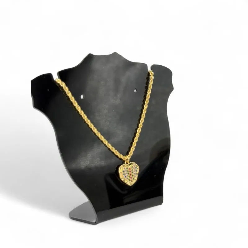 CORRENTE CORDÃO BAIANO CORAÇÃO COM CRAVAÇÃO DE MICRO ZIRCONIA COLORIDA E LATERAL LISA   - BANHADO A OURO 18K