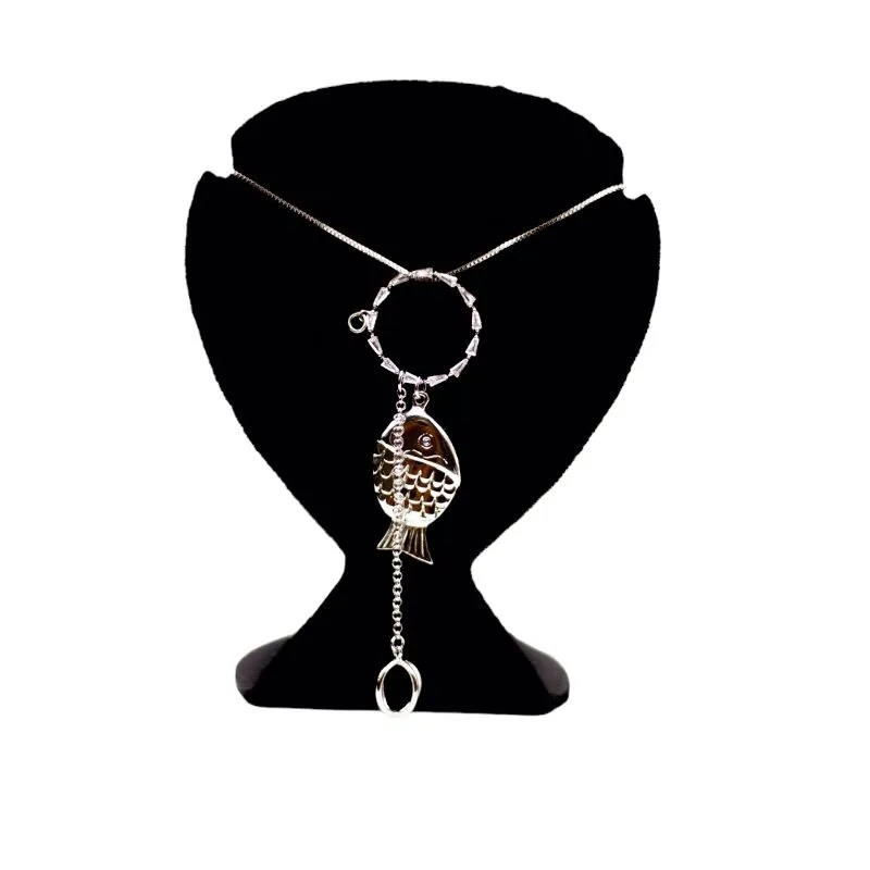 CORRENTE VENEZIANA CUMPRIDA PEIXE COM ARO REDONDO NAVETE  -BANHADO A RÓDIO BRANCO