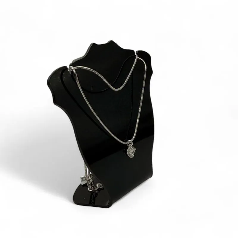 CORRENTE DUPLA RABO DE RATO 70CM COM CORAÇÃO CRISTAL-  BANHADO A RÓDIO BRANCO