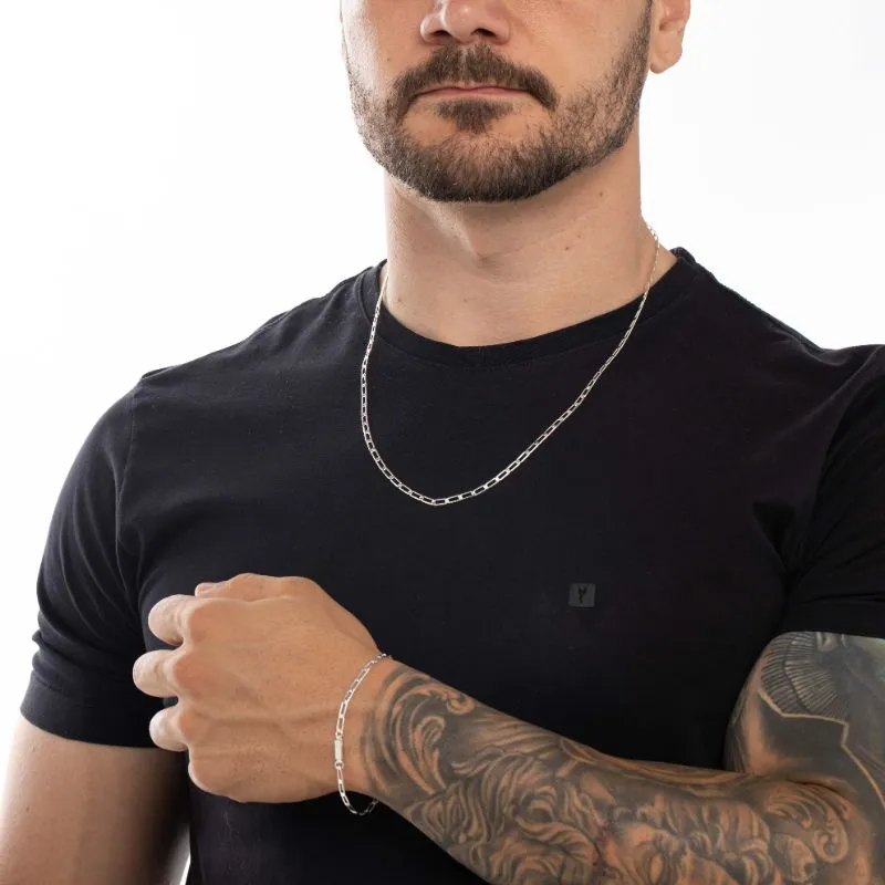 CORRENTE MASCULINA GRUMET LONGO MÉDIO ELO FINO COM FECHO GAVETA- BANHADO A PRATA 925