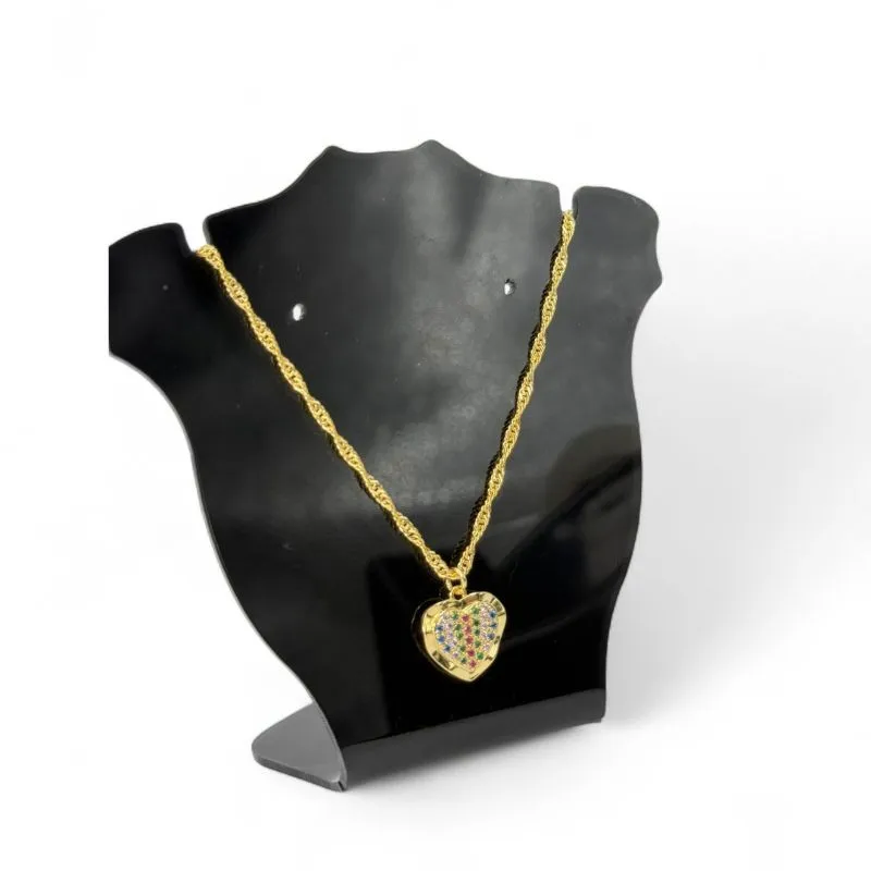 CORRENTE SINGAPURA CORAÇÃO COM CRAVAÇÃO DE MICRO ZIRCONIA COLORIDA E LATERAL LISA   - BANHADO A OURO 18K