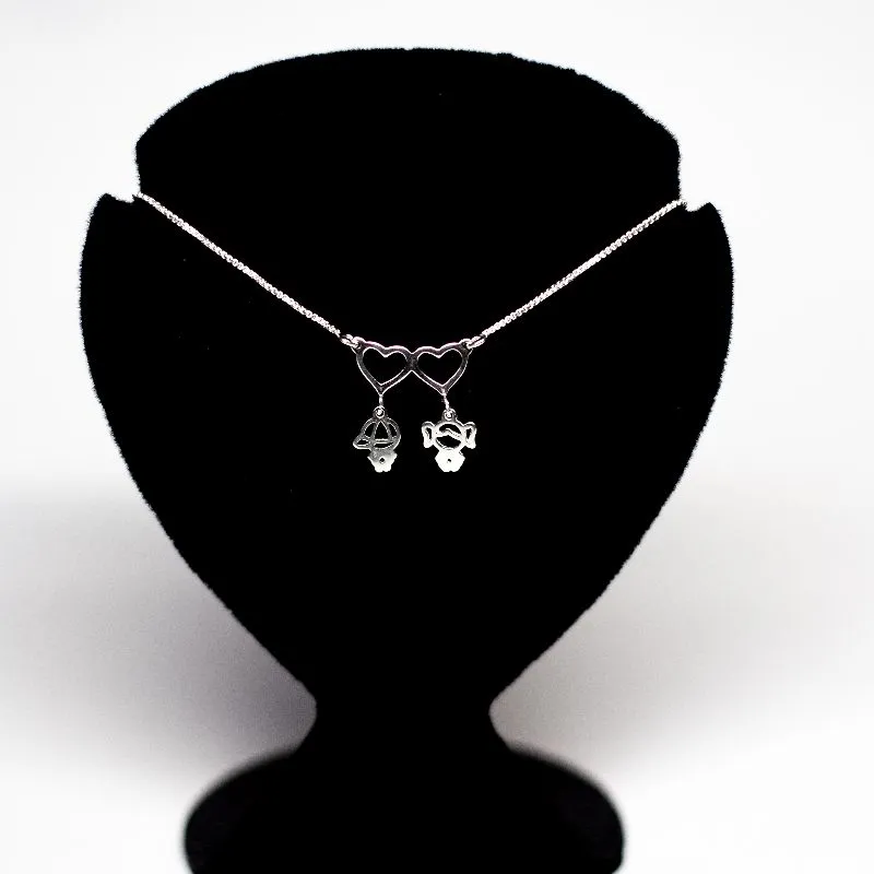 CORRENTE VENEZIANA CANGA CORAÇÃO E  CASAL ZIRCONIA AZUL E PINK 45CM - PRATA 925