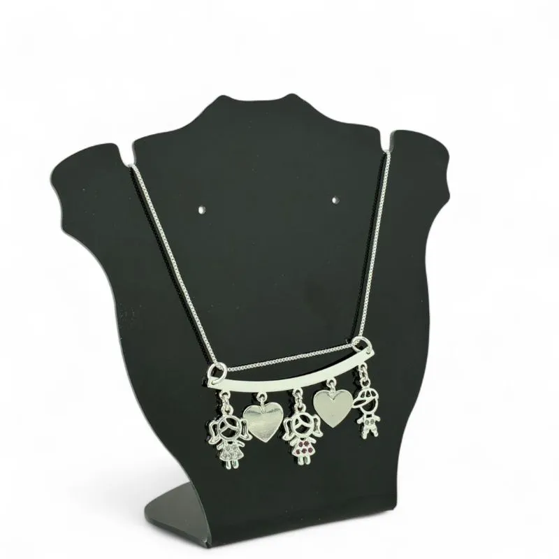 CORRENTE VENEZIANA CANGA CORAÇÕES LISOS E TRIO BONECOS DUAS MENINAS E UM MENINO VAZADOS ZIRCÔNIA CRISTAL E ZIRCÔNIA ROSA - BANHADO A PRATA 925