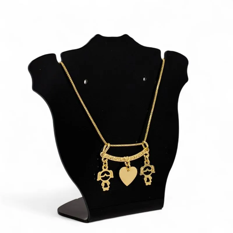 CORRENTE VENEZIANA CANGA TRIO BONECOS DUAS MENINAS VAZADA E UM CORAÇÃO CHEIO - BANHADO A OURO 18K