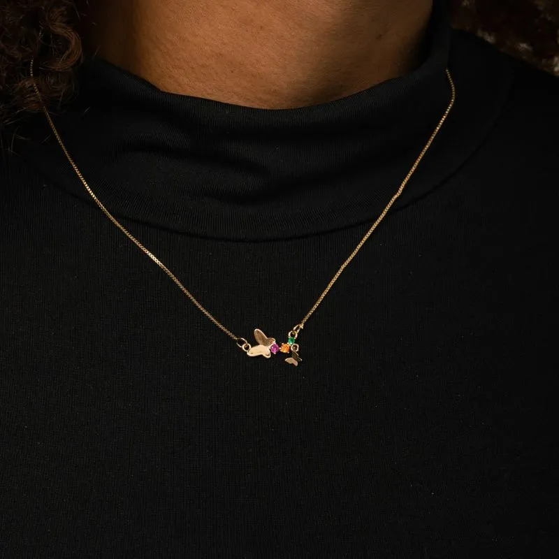 CORRENTE VENEZIANA COM BORBOLETA LISA E ZIRCÔNIA COLORIDA COM EXTENSOR  - BANHADO A OURO 18K