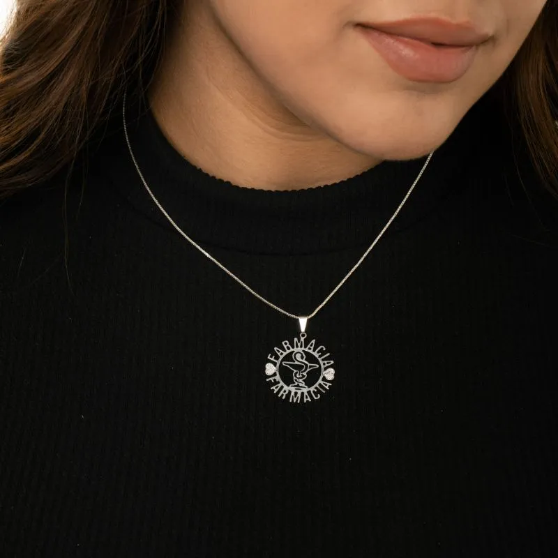 CORRENTE VENEZIANA COM MANDALA PROFISSÃO FARMACIA RESINADA E APLICAÇÃO DE RÓDIO BRANCO  - BANHADO A PRATA 925